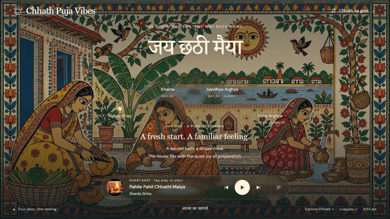 Chhath Puja Vibes, traditional artwork with festival day and music controls