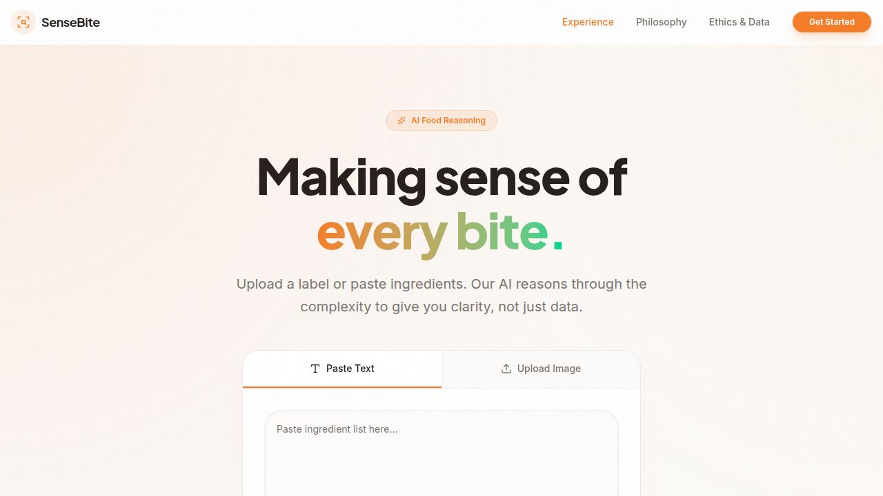 SenseBite interface for pasting ingredients or uploading a food label